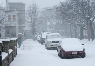 Snow on Dudley Street in Medford