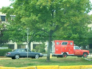 Emergency vehicles outside of Medford High School during the August 2007 fire