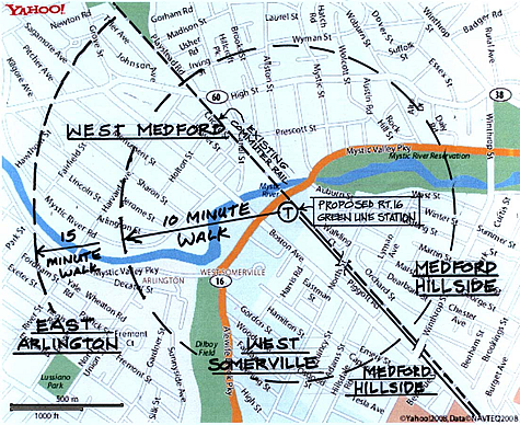 A map showing the walking radius for a proposed Green Line station at Route 16