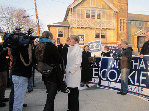 Martha Coakley outside the Brooks School in Medford
