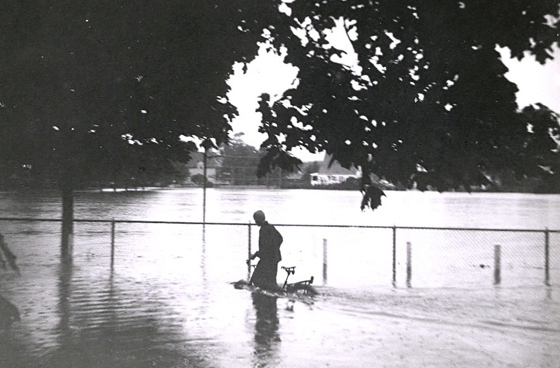 Person and bike in flooded Hickey Park, 1953