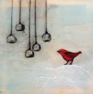 Red Bird 2, Taleen Batalian, oil, encaustic on panel, 10? x 10?